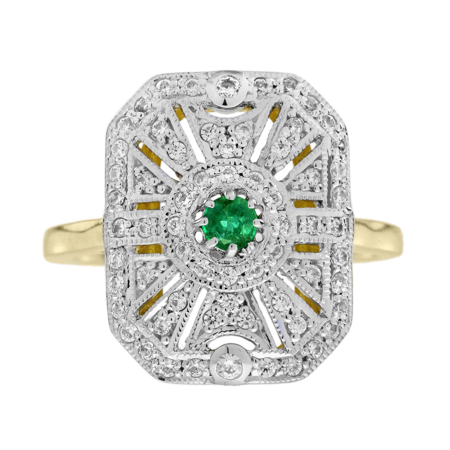 Emerald &amp; Diamond Vintage Inspired Edwardian Style Target White Yellow Gold Ring