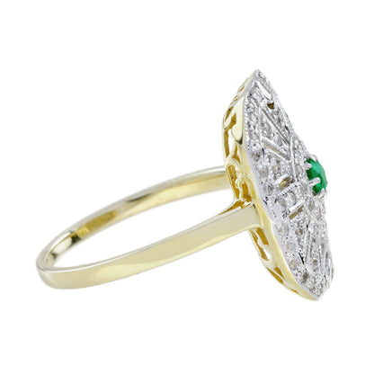 Emerald & Diamond Vintage Inspired Edwardian Style Target White Yellow Gold Ring