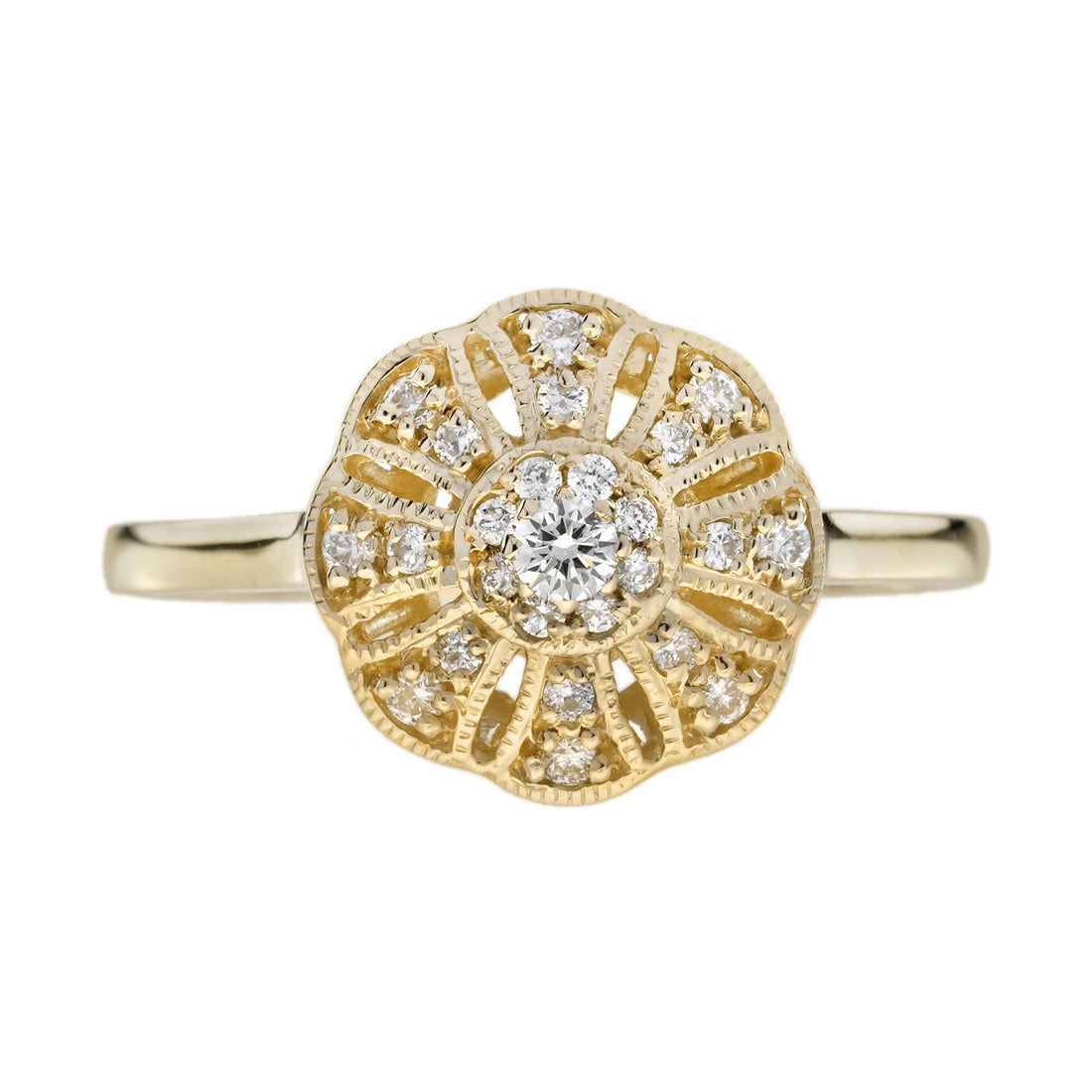 Diamond Vintage Style Floral Cluster 14K Yellow Gold Ring