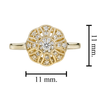 Diamond Vintage Style Floral Cluster 14K Yellow Gold Ring