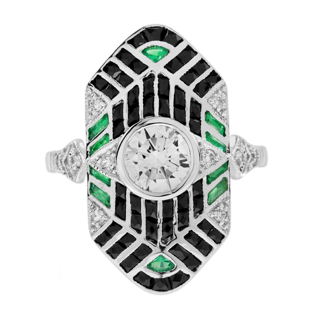Diamond Emerald Onyx Art Deco Style Geometric Dinner 14K White Gold Ring