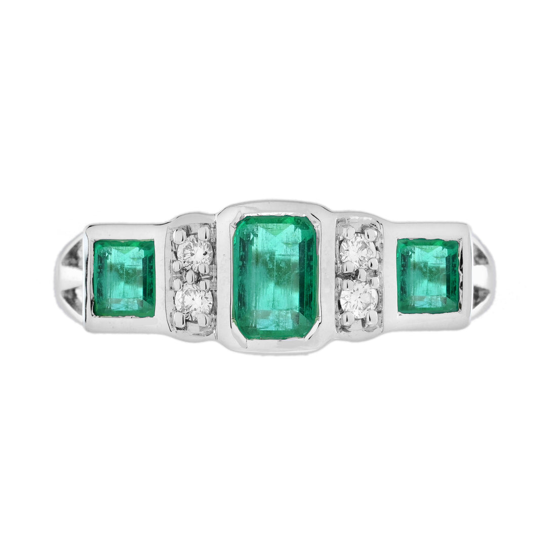 Emerald & Diamond Art Deco Style Three Stone 14K White Gold Ring