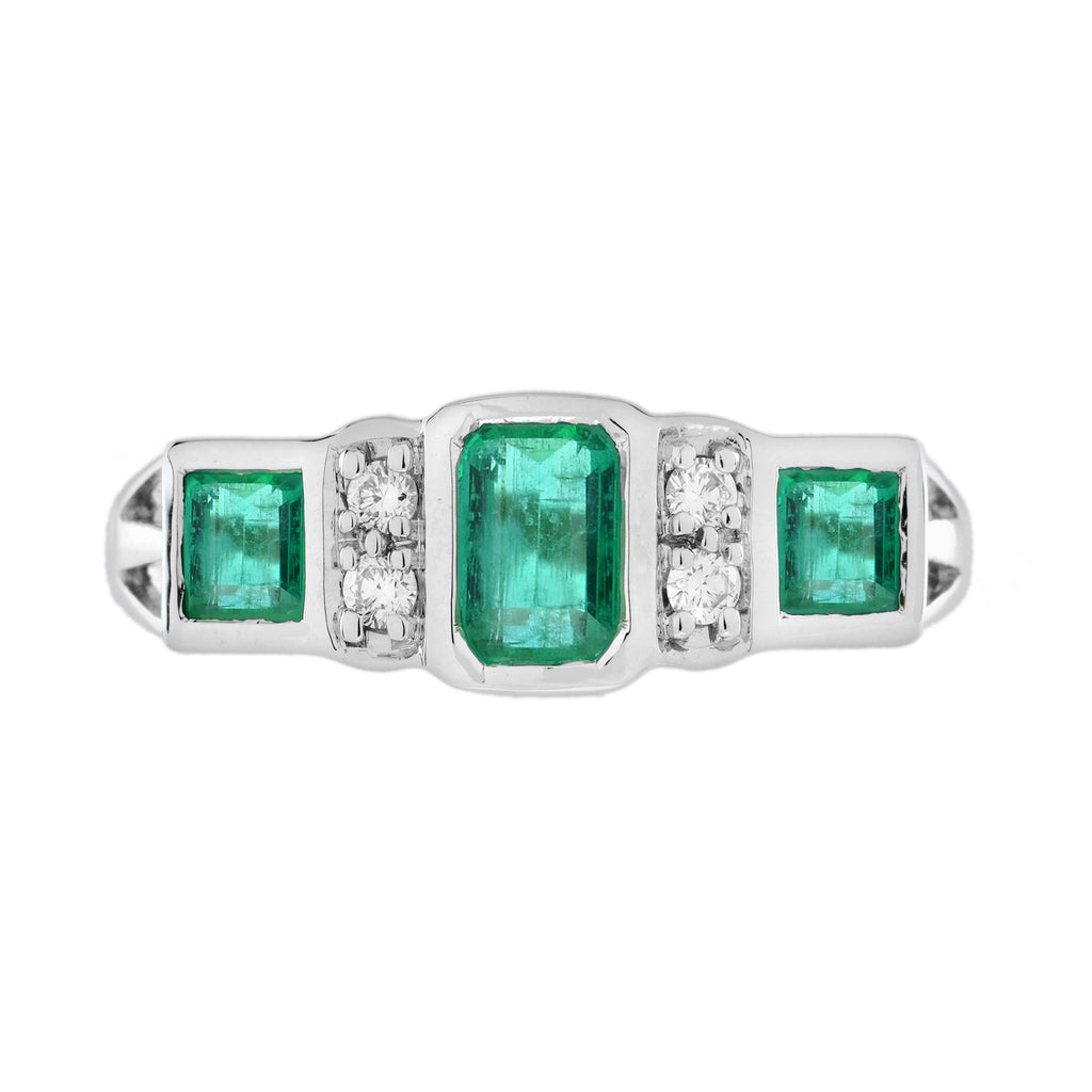 Emerald & Diamond Art Deco Style Three Stone 14K White Gold Ring