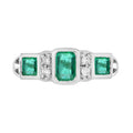 Emerald & Diamond Art Deco Style Three Stone 14K White Gold Ring
