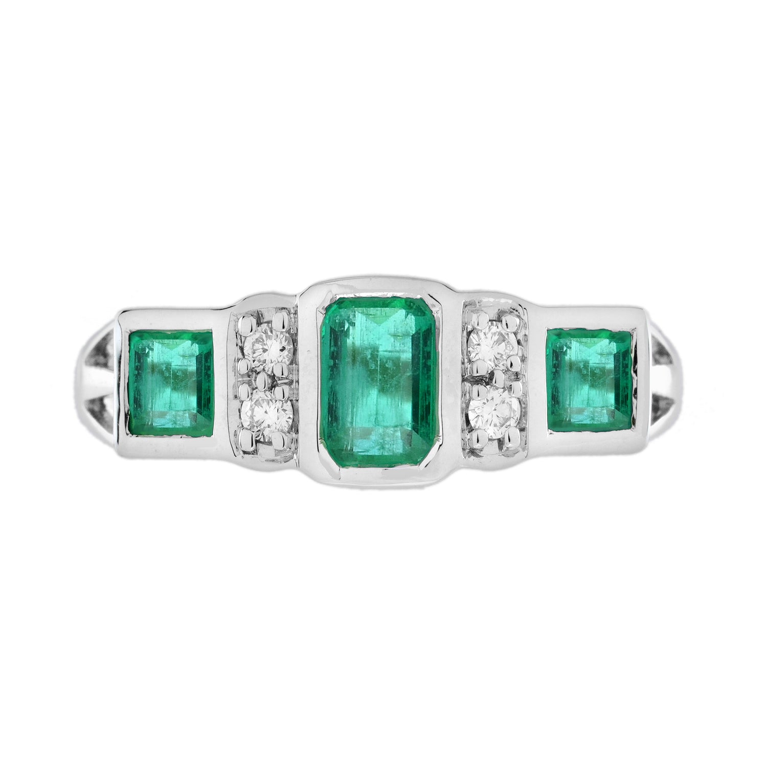 Emerald &amp; Diamond Art Deco Style Three Stone 14K White Gold Ring