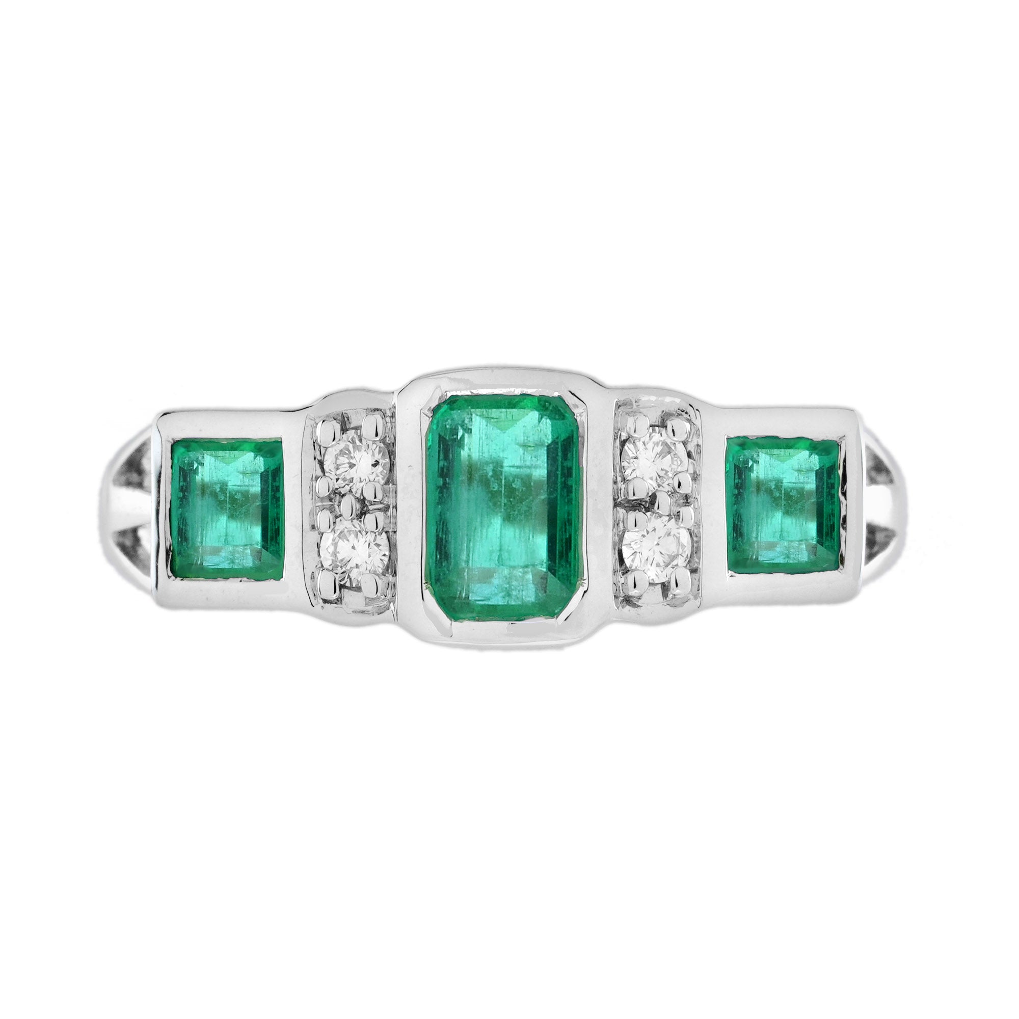 Emerald &amp; Diamond Art Deco Style Three Stone 14K White Gold Ring