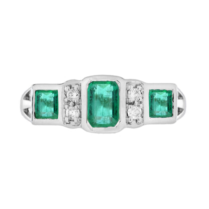Emerald &amp; Diamond Art Deco Style Three Stone 14K White Gold Ring