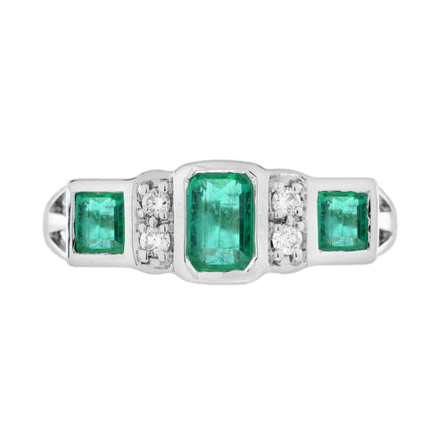 Emerald & Diamond Art Deco Style Three Stone 14K White Gold Ring