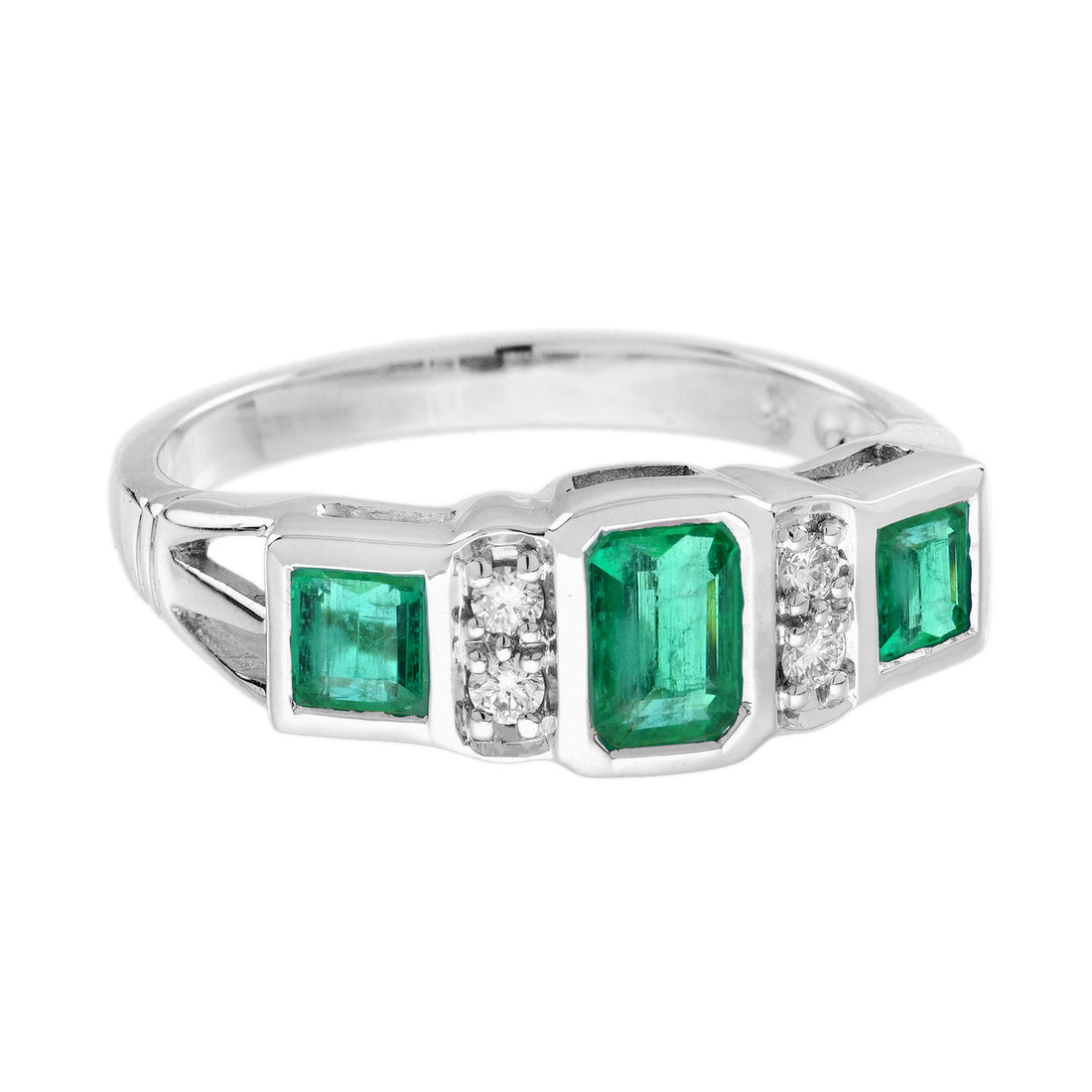 Emerald &amp; Diamond Art Deco Style Three Stone 14K White Gold Ring