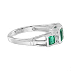 Emerald & Diamond Art Deco Style Three Stone 14K White Gold Ring