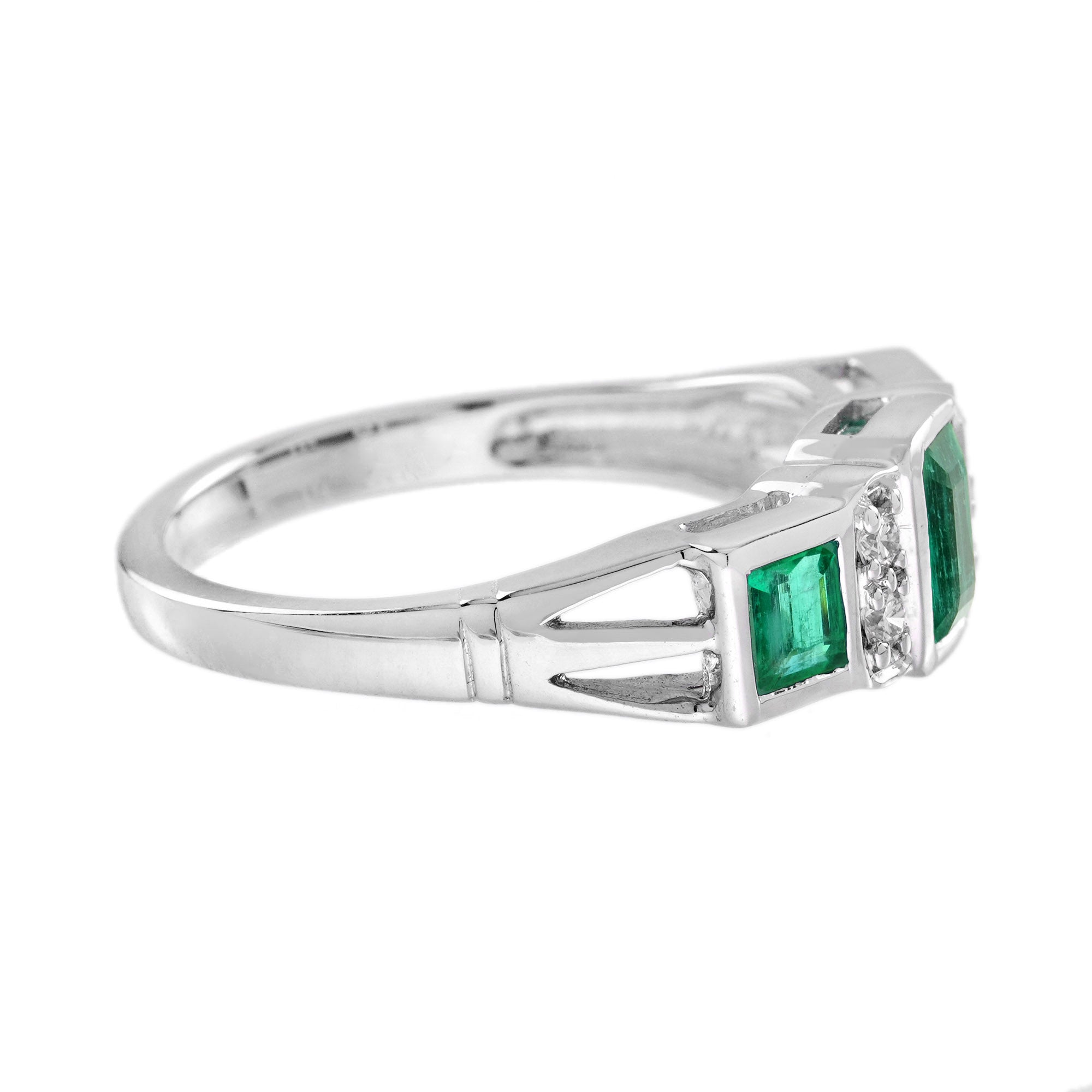 Emerald &amp; Diamond Art Deco Style Three Stone 14K White Gold Ring