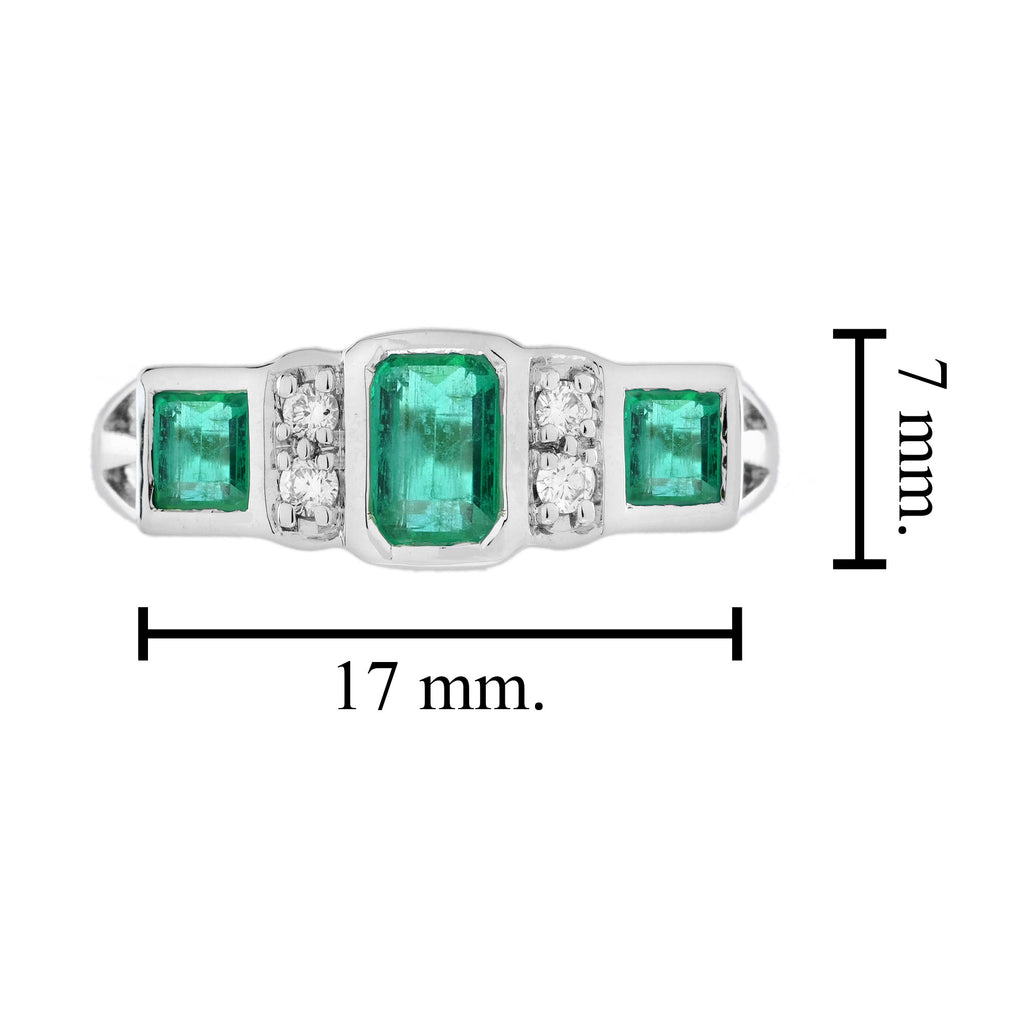 Emerald & Diamond Art Deco Style Three Stone 14K White Gold Ring