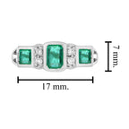 Emerald & Diamond Art Deco Style Three Stone 14K White Gold Ring