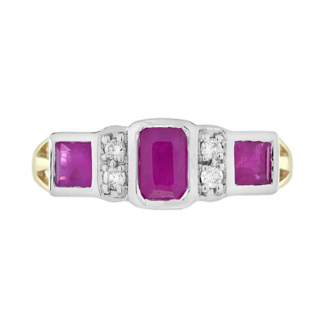 Ruby & Diamond Art Deco Style Three Stone White Yellow Gold Ring