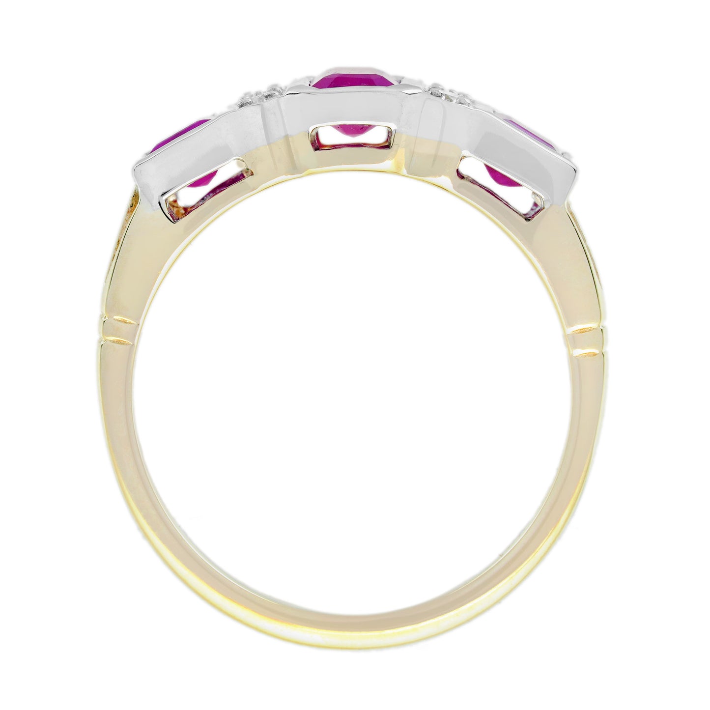 ruby & diamond art deco style three stone white yellow gold ring