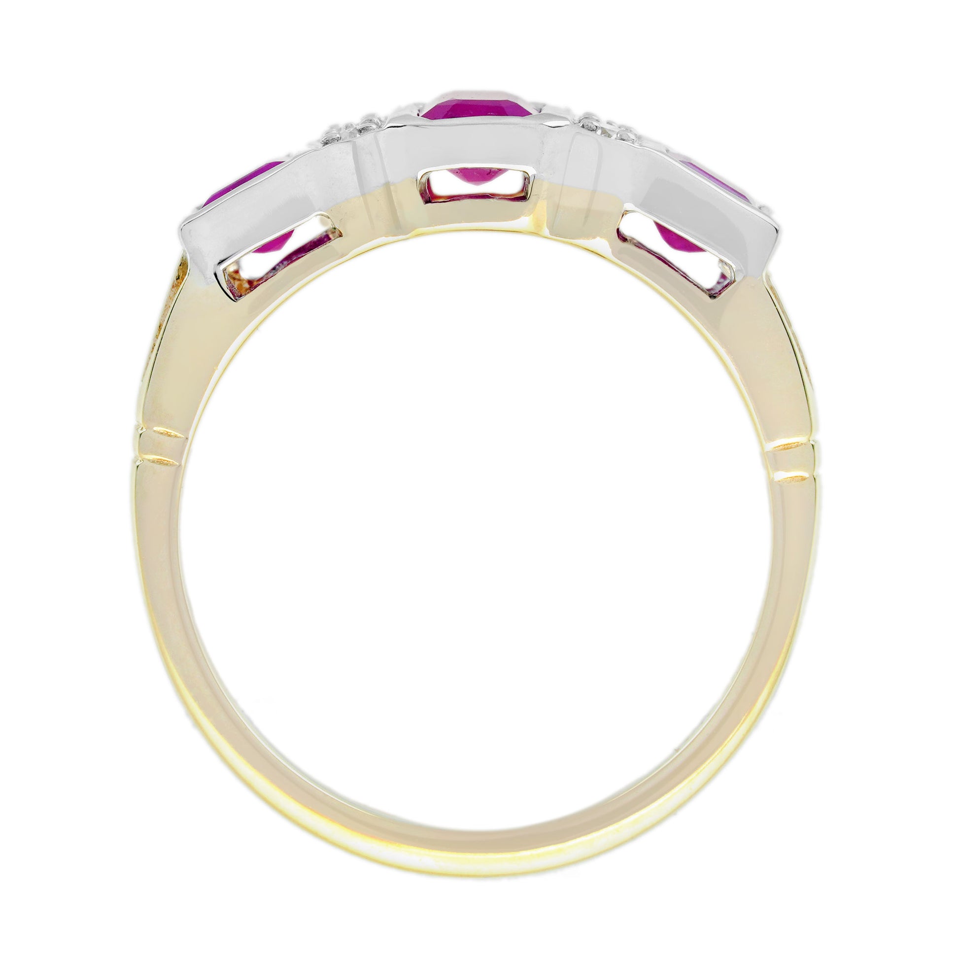 Ruby & Diamond Art Deco Style Three Stone White Yellow Gold Ring