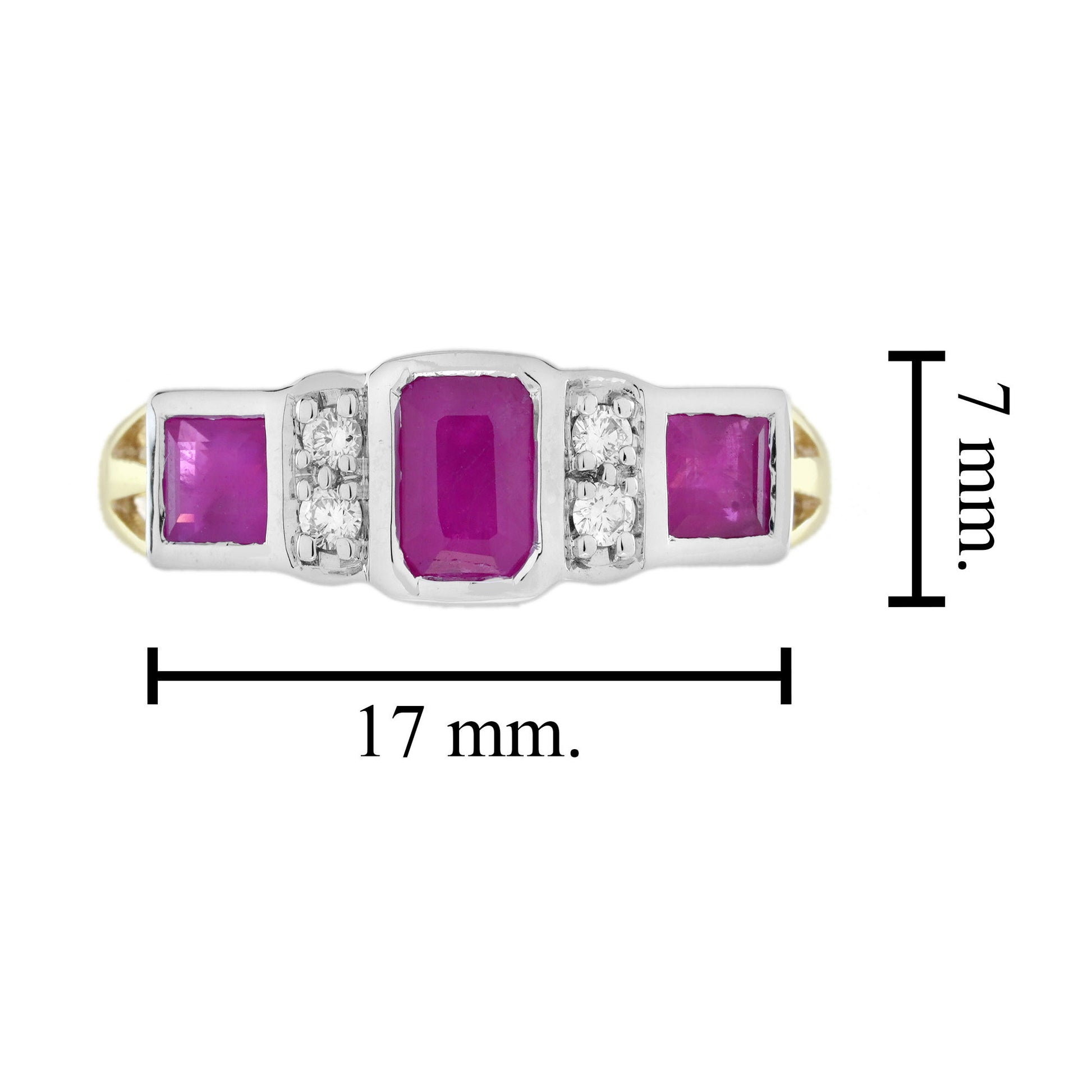 Ruby & Diamond Art Deco Style Three Stone White Yellow Gold Ring
