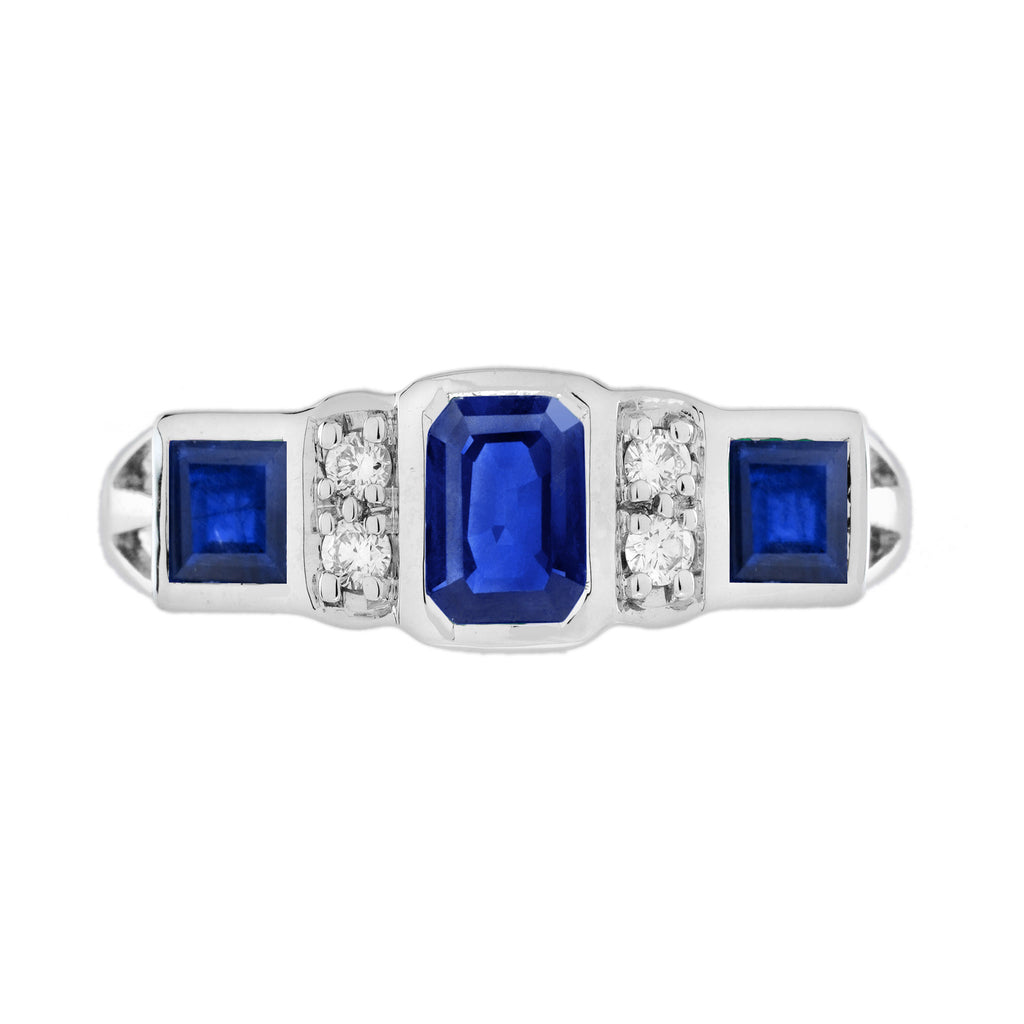 2.10 ctw Art Deco Style Blue Sapphire & Diamond 14K White Gold Three Stone Ring