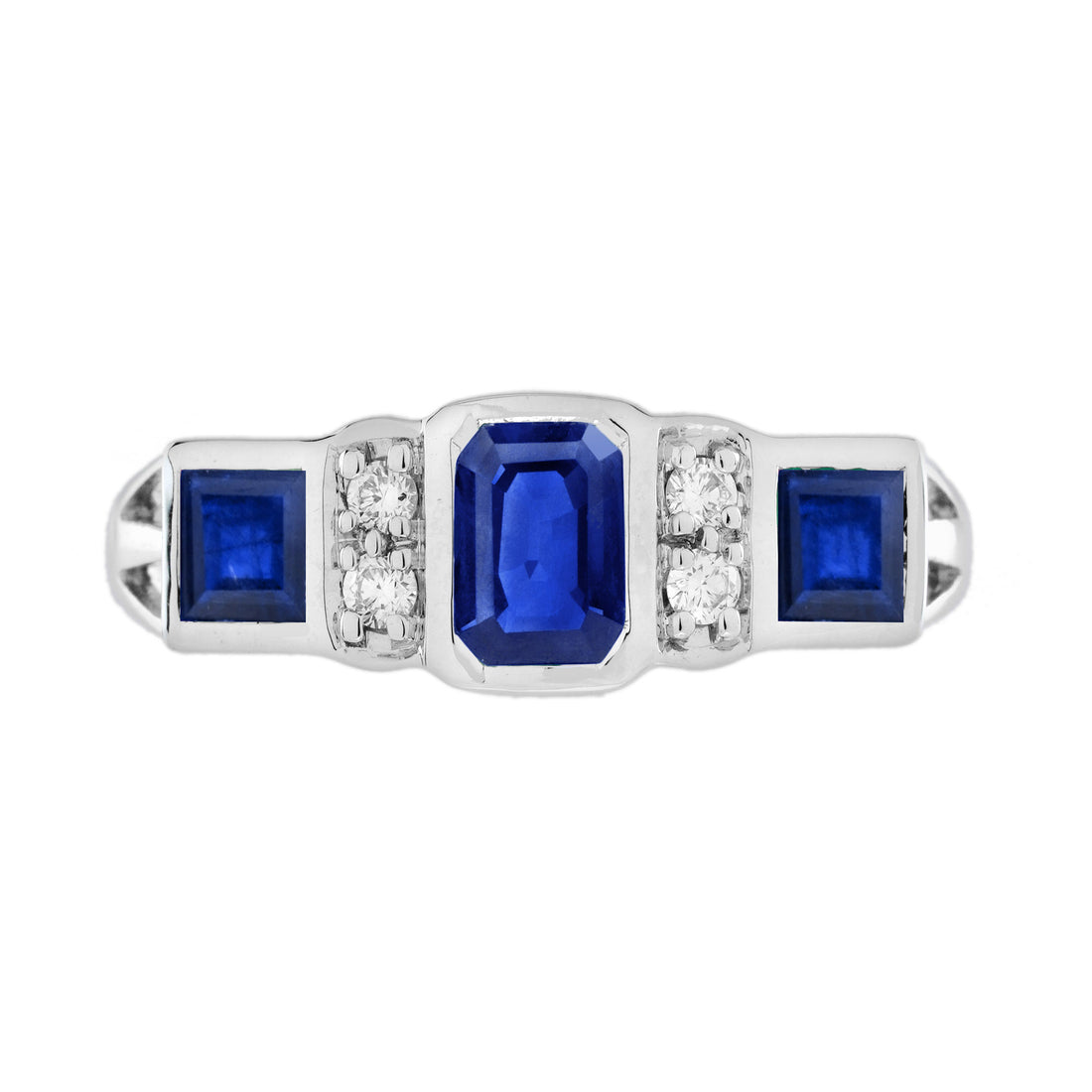 Blue Sapphire &amp; Diamond Art Deco Style Three Stone White Gold Ring