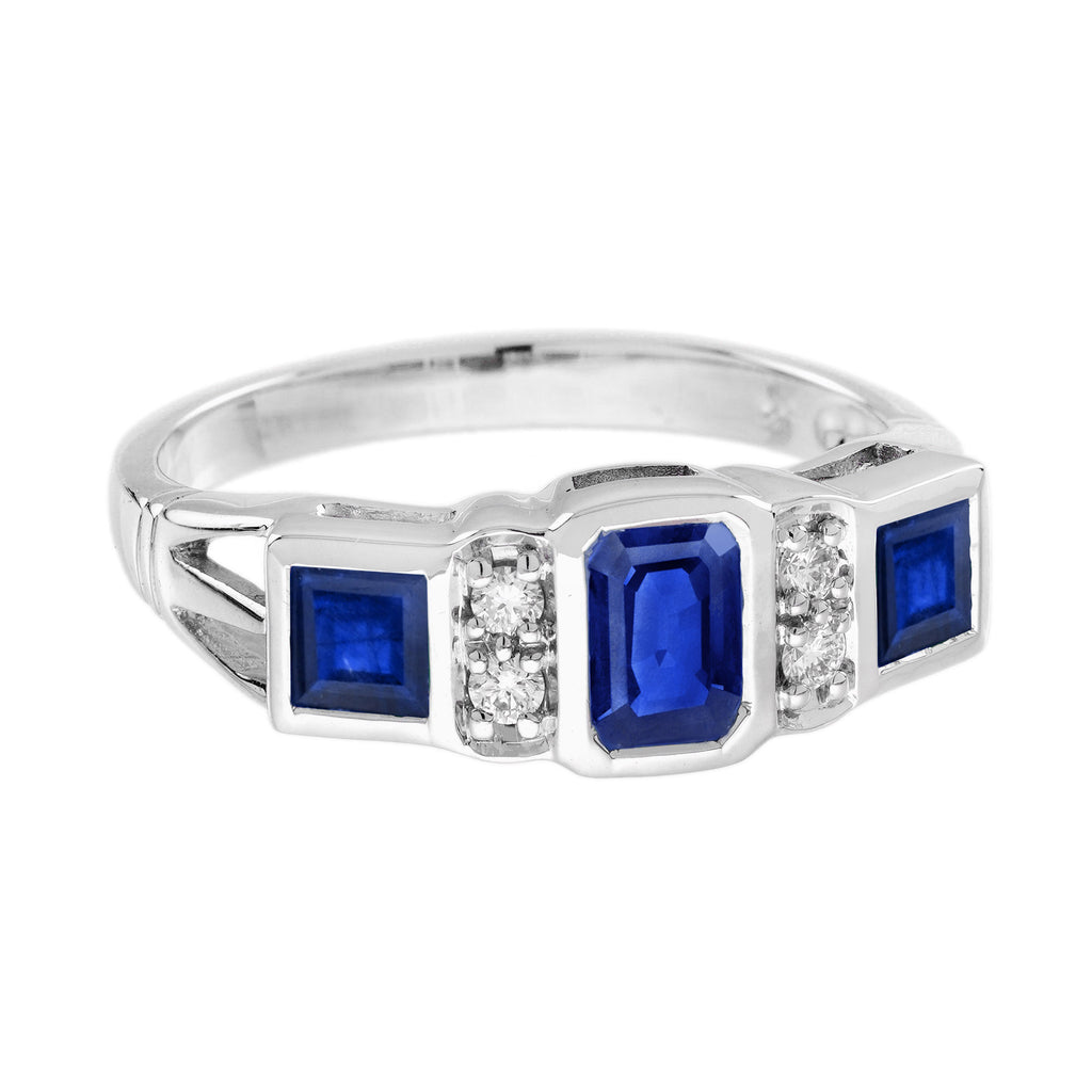 2.10 ctw Art Deco Style Blue Sapphire & Diamond 14K White Gold Three Stone Ring