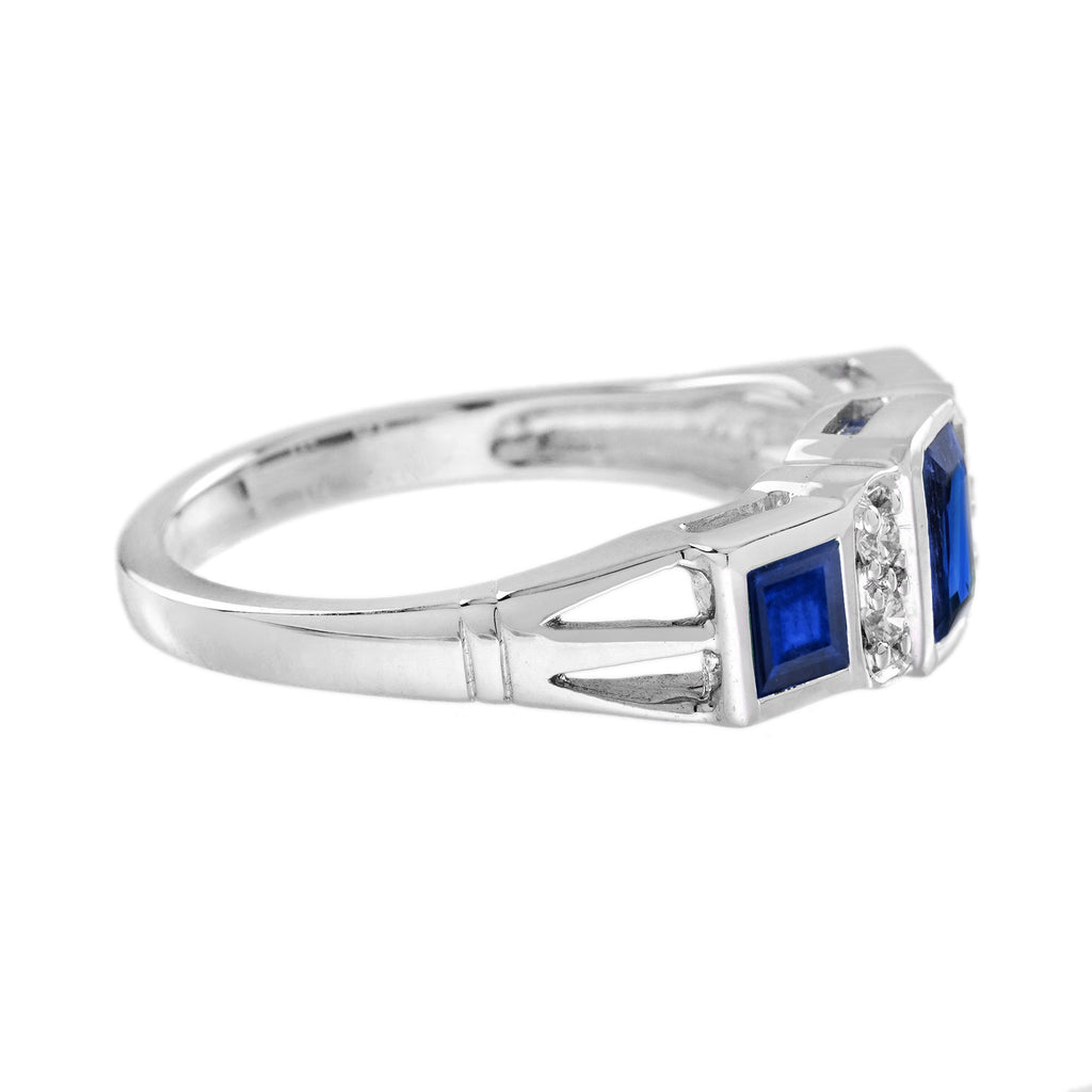 Blue Sapphire & Diamond Art Deco Style Three Stone White Gold Ring