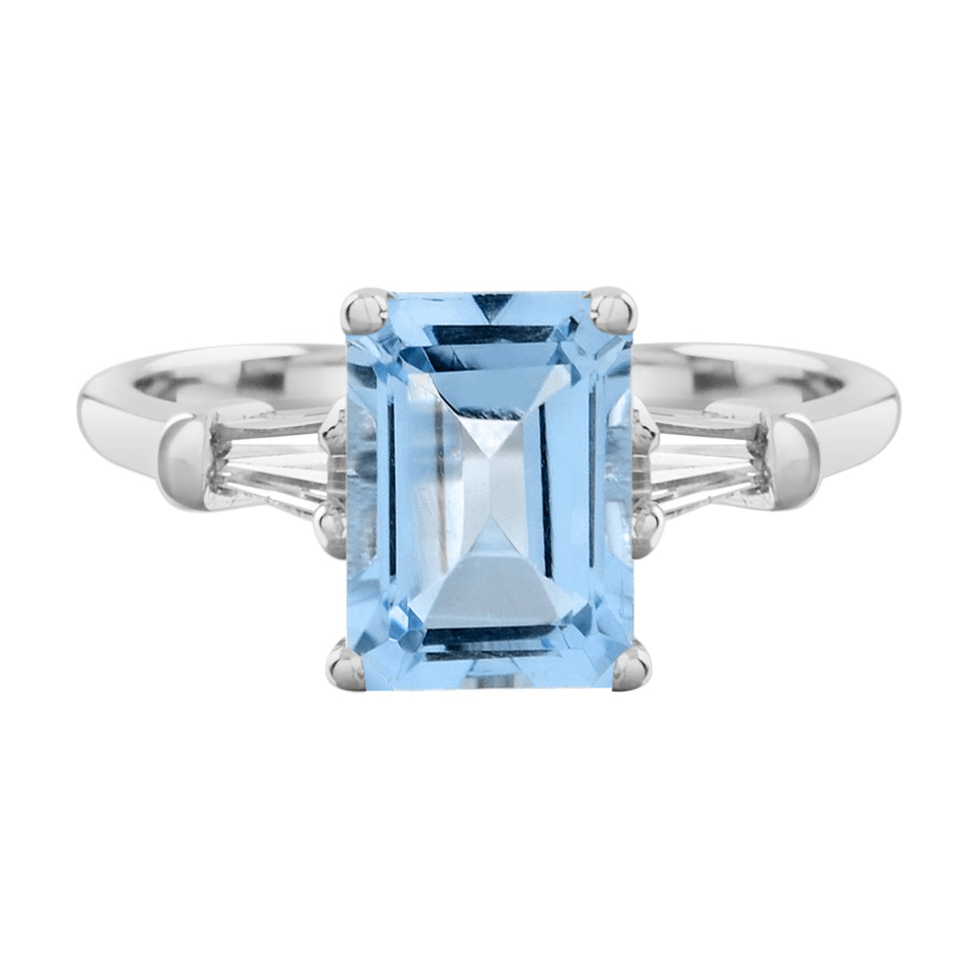 Octagon Emerald Cut Blue Topaz &amp; Baguette Diamond Solitaire 14K White Gold Ring