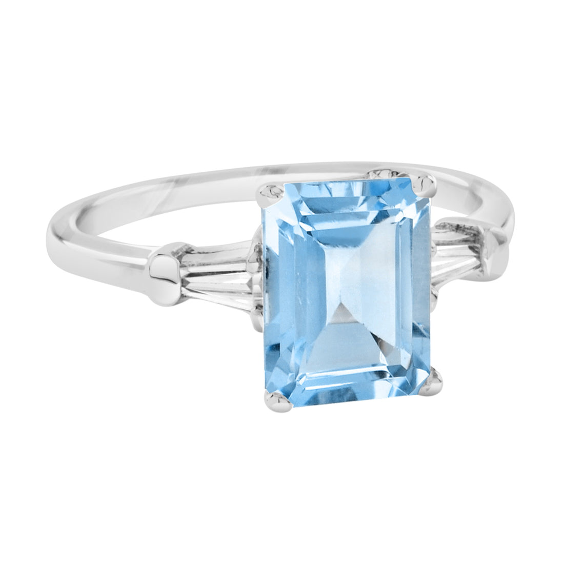 Octagon Emerald Cut Blue Topaz &amp; Baguette Diamond Solitaire 14K White Gold Ring