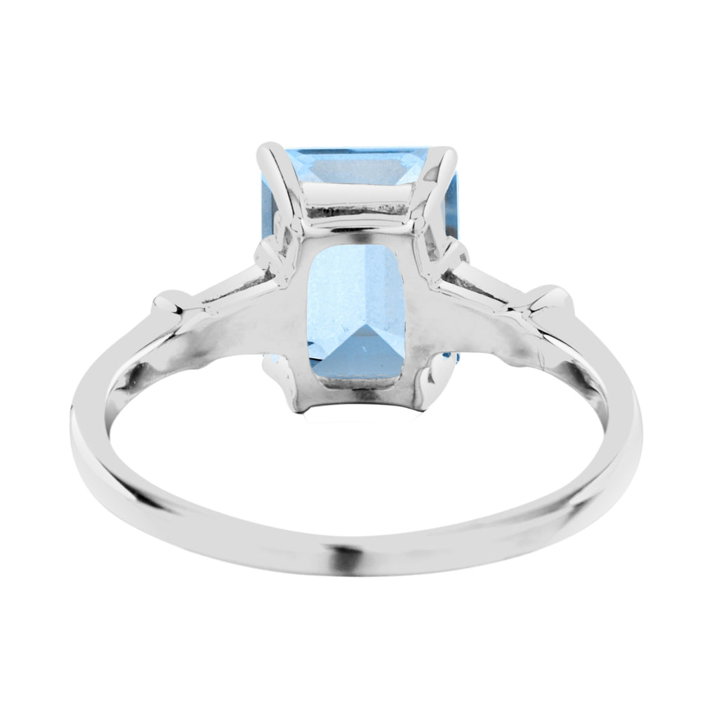 Octagon Emerald Cut Blue Topaz & Baguette Diamond Solitaire 14K White Gold Ring