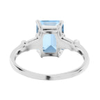 Octagon Emerald Cut Blue Topaz & Baguette Diamond Solitaire 14K White Gold Ring