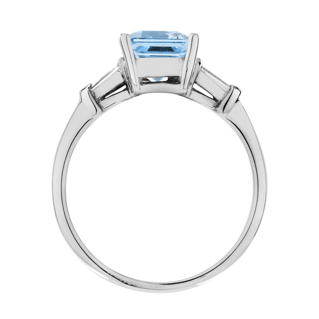 Octagon Emerald Cut Blue Topaz & Baguette Diamond Solitaire 14K White Gold Ring