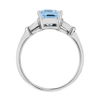 Octagon Emerald Cut Blue Topaz & Baguette Diamond Solitaire 14K White Gold Ring