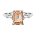 Rectangle Emerald Cut Peach Orange Morganite Side Baguette Diamond 14K Gold Ring