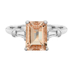 Rectangle Emerald Cut Peach Orange Morganite Side Baguette Diamond 14K Gold Ring