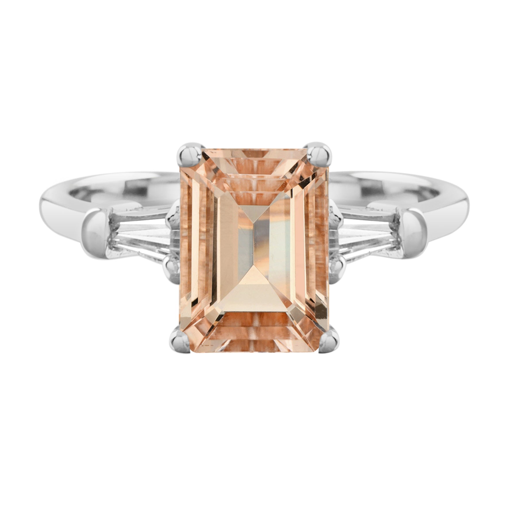 Rectangle Emerald Cut Peach Orange Morganite Side Baguette Diamond 14K Gold Ring