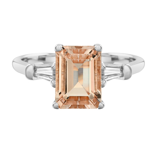 Rectangle Emerald Cut Peach Orange Morganite Side Baguette Diamond 14K Gold Ring