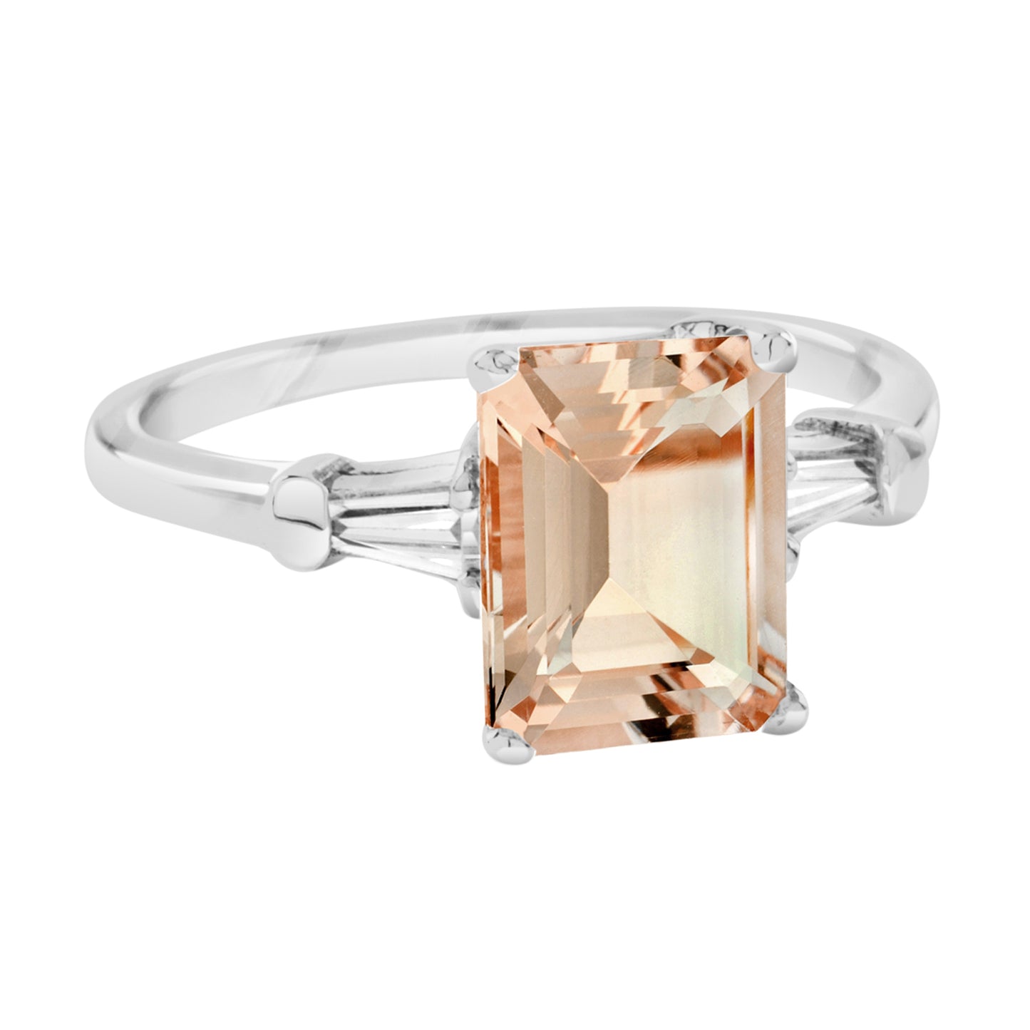 rectangle emerald cut peach orange morganite side baguette diamond 14k gold ring