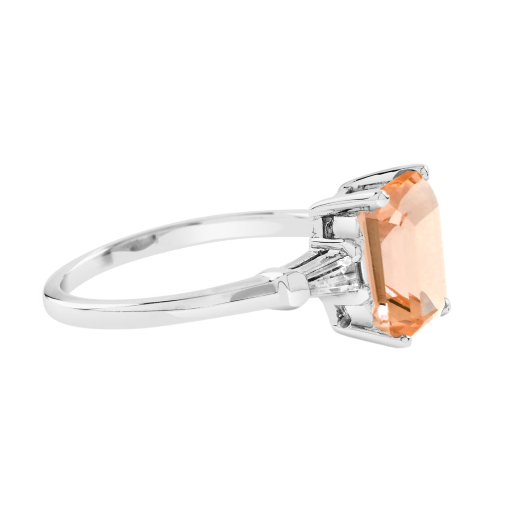 Rectangle Emerald Cut Peach Orange Morganite Side Baguette Diamond 14K Gold Ring