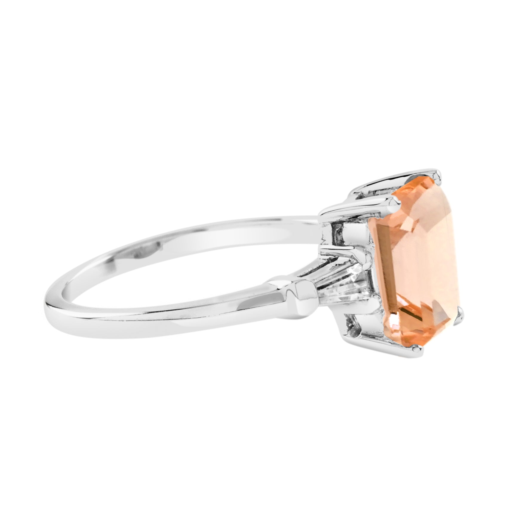 Rectangle Emerald Cut Peach Orange Morganite Side Baguette Diamond 14K Gold Ring