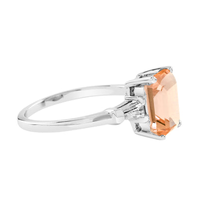 Rectangle Emerald Cut Peach Orange Morganite Side Baguette Diamond 14K Gold Ring