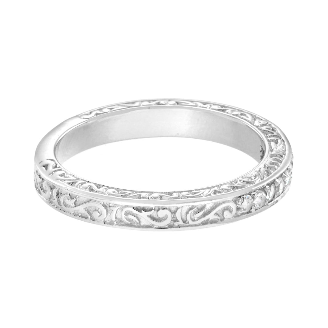 Nine Rose Cut Diamonds Scrollwork Details Vintage Style Band 14K White Gold Ring