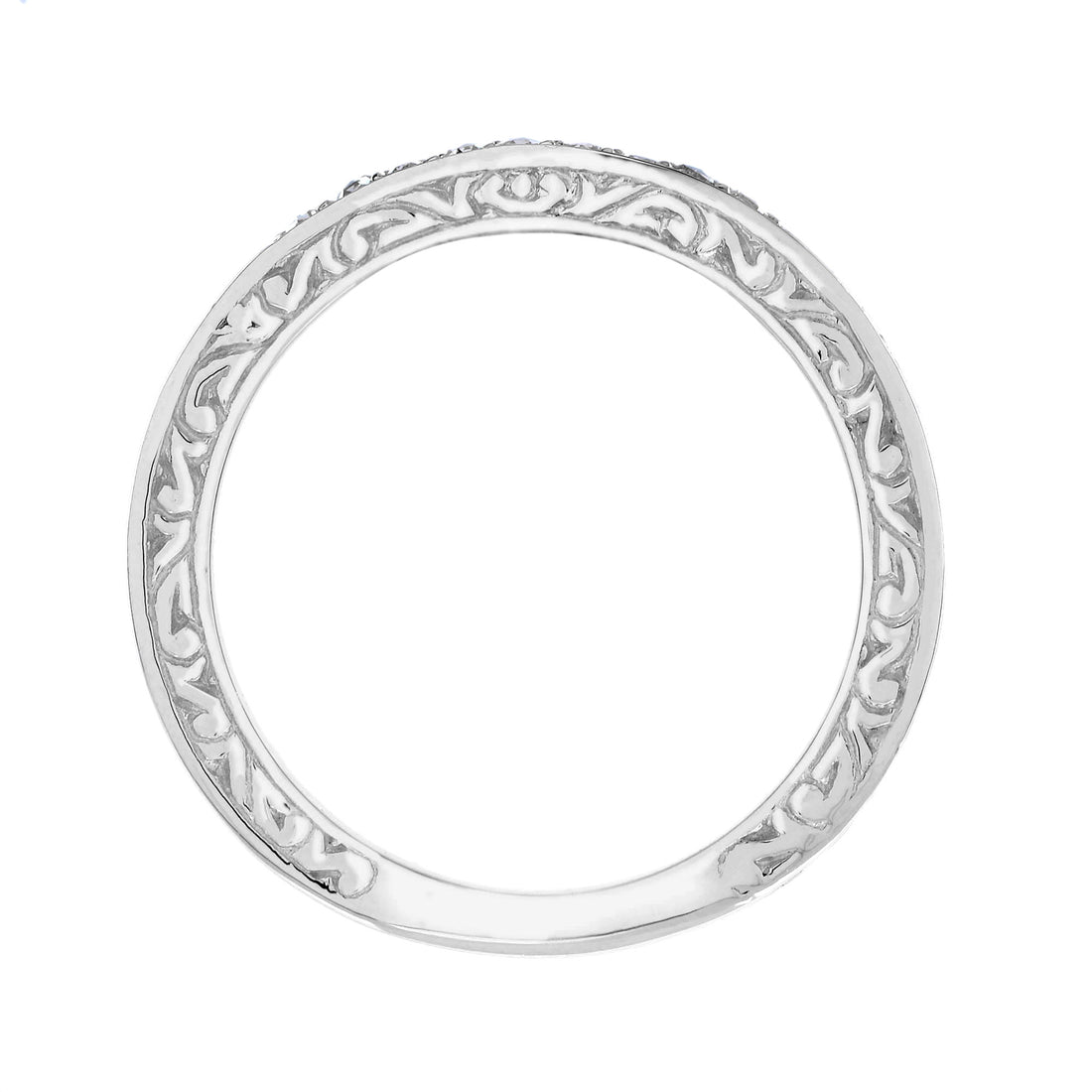 Nine Rose Cut Diamonds Scrollwork Details Vintage Style Band 14K White Gold Ring