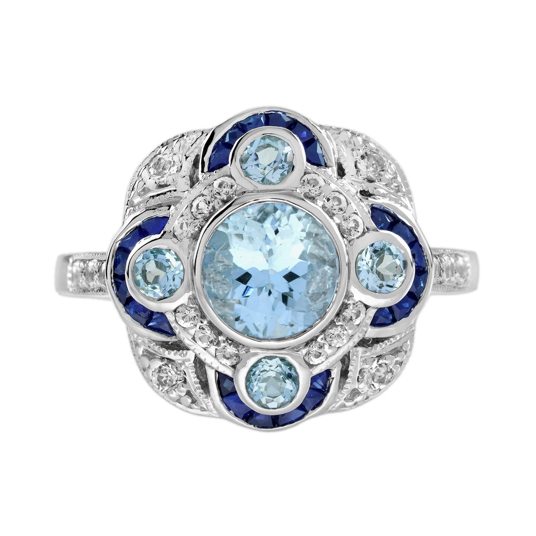 Round Blue Aquamarine &amp; Sapphire Diamond Art Deco Style White Gold Ring