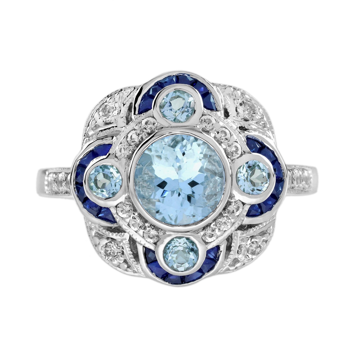 round blue aquamarine & sapphire diamond art deco style white gold ring