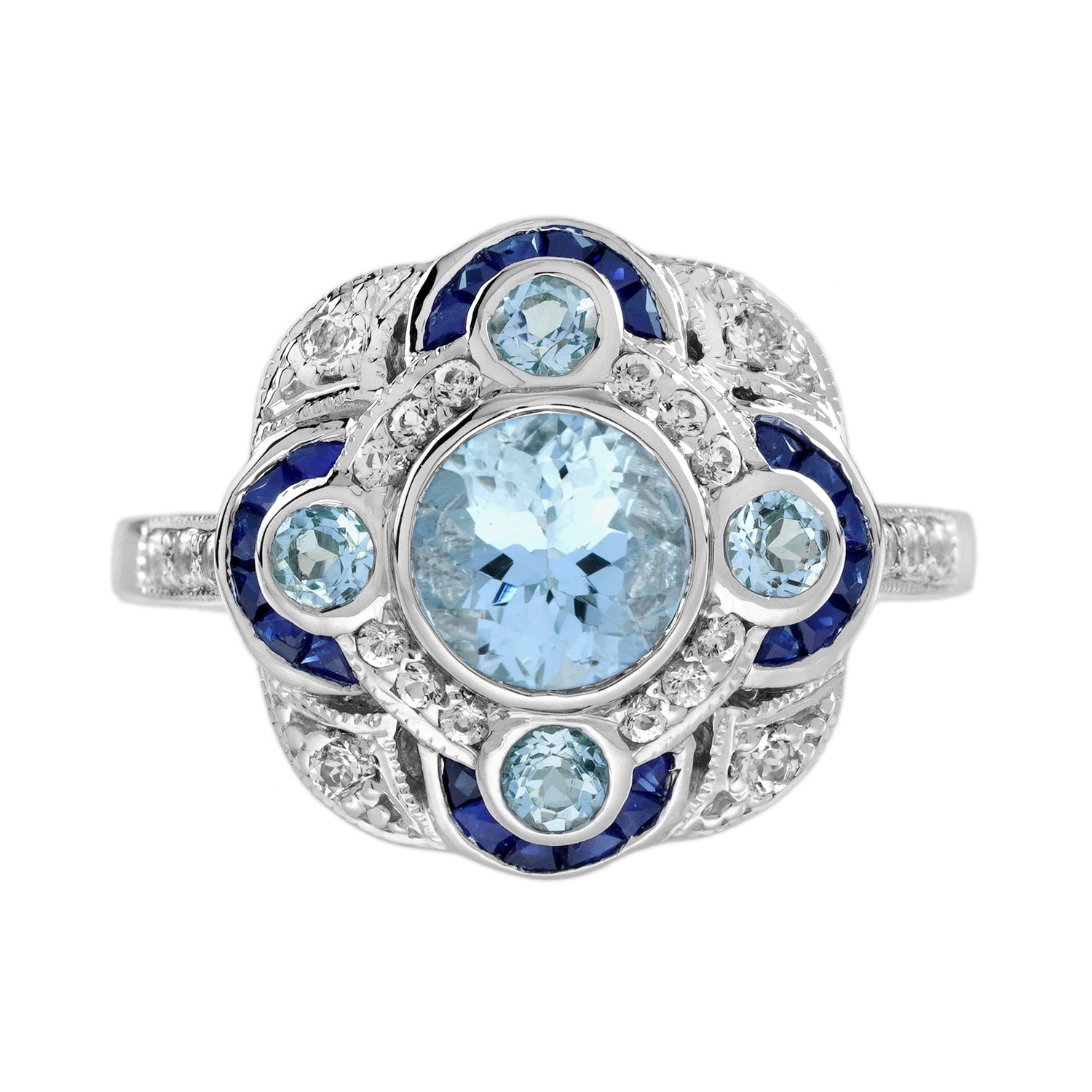 Round Blue Aquamarine &amp; Sapphire Diamond Art Deco Style White Gold Ring