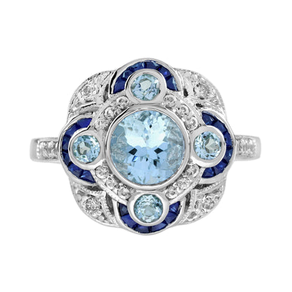 Round Blue Aquamarine & Sapphire Diamond Art Deco Style White Gold Ring