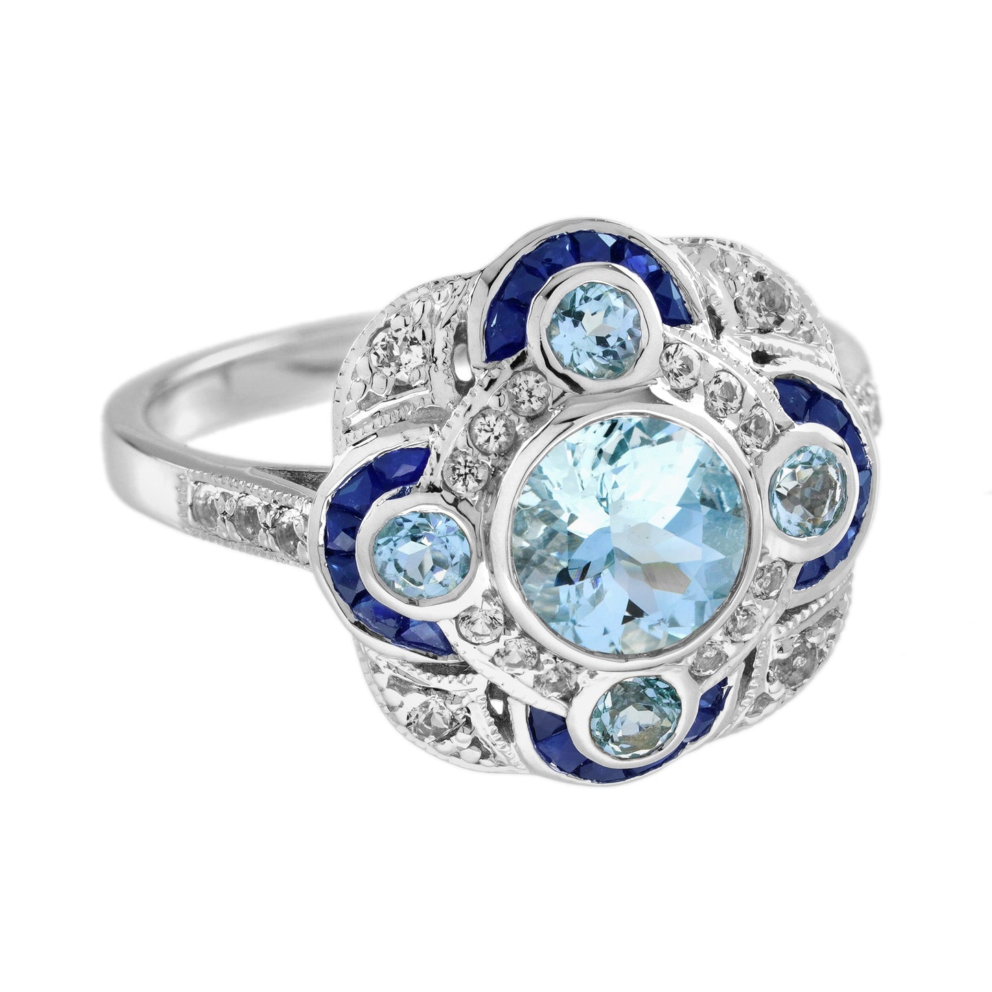 round blue aquamarine & sapphire diamond art deco style white gold ring