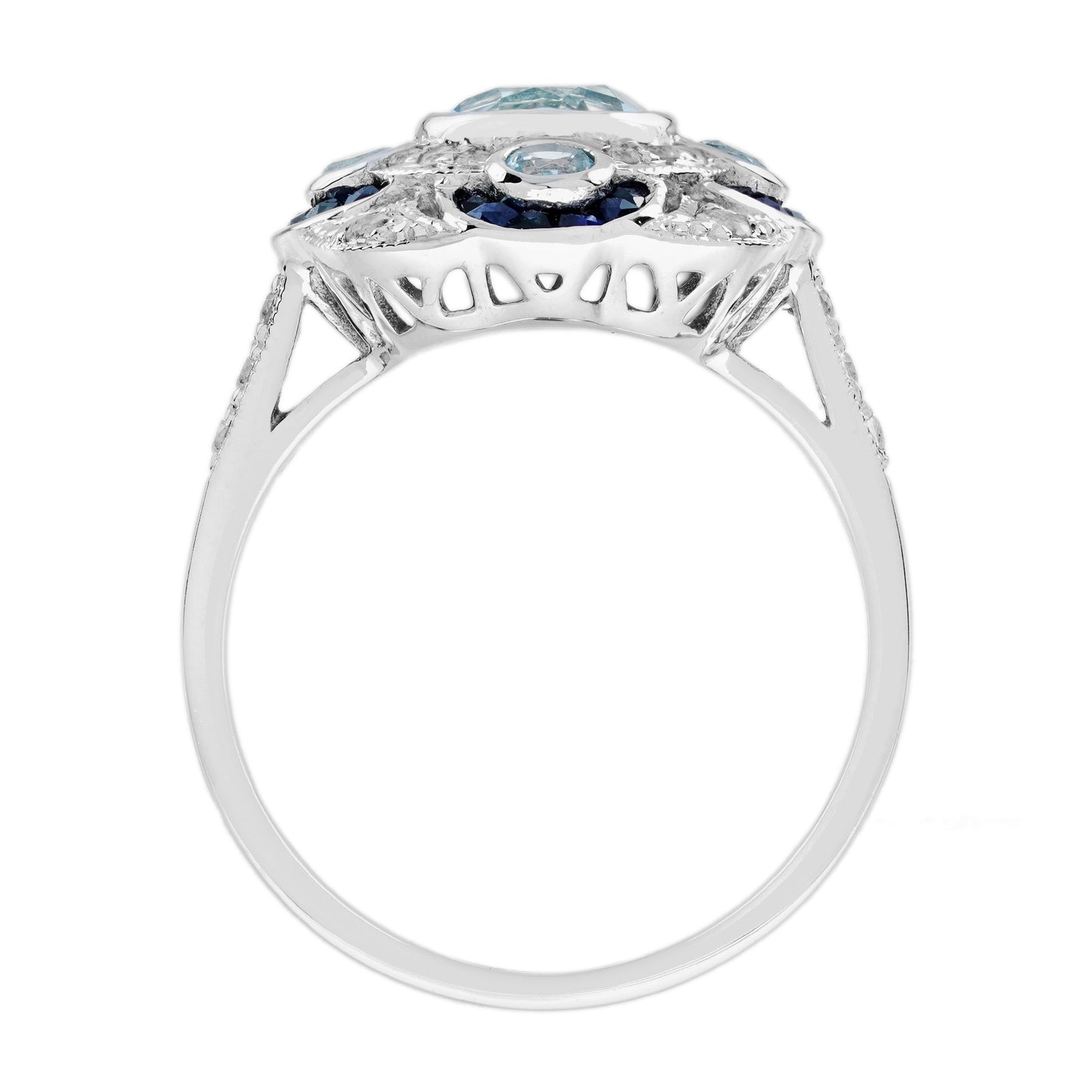 round blue aquamarine & sapphire diamond art deco style white gold ring