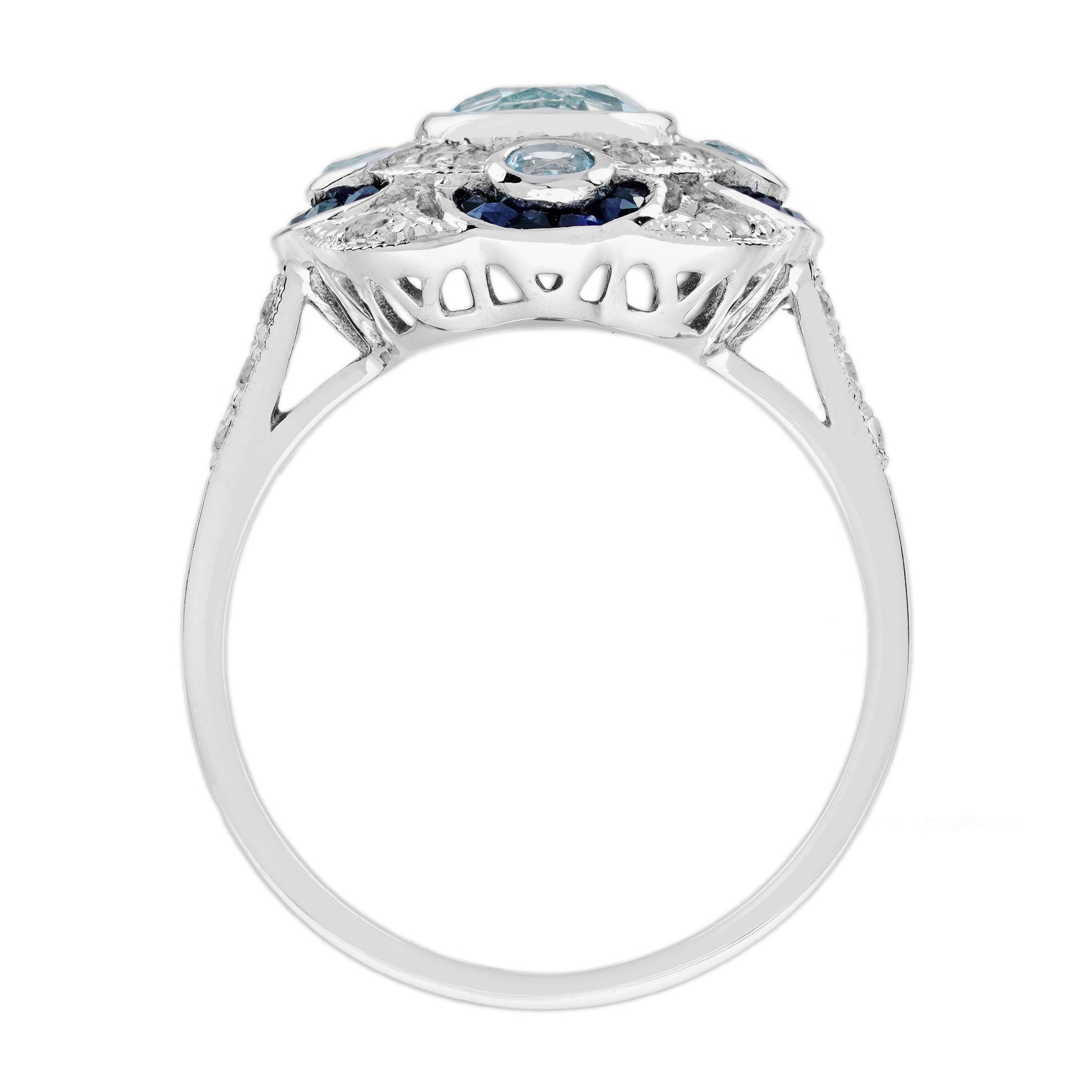 Round Blue Aquamarine & Sapphire Diamond Art Deco Style White Gold Ring