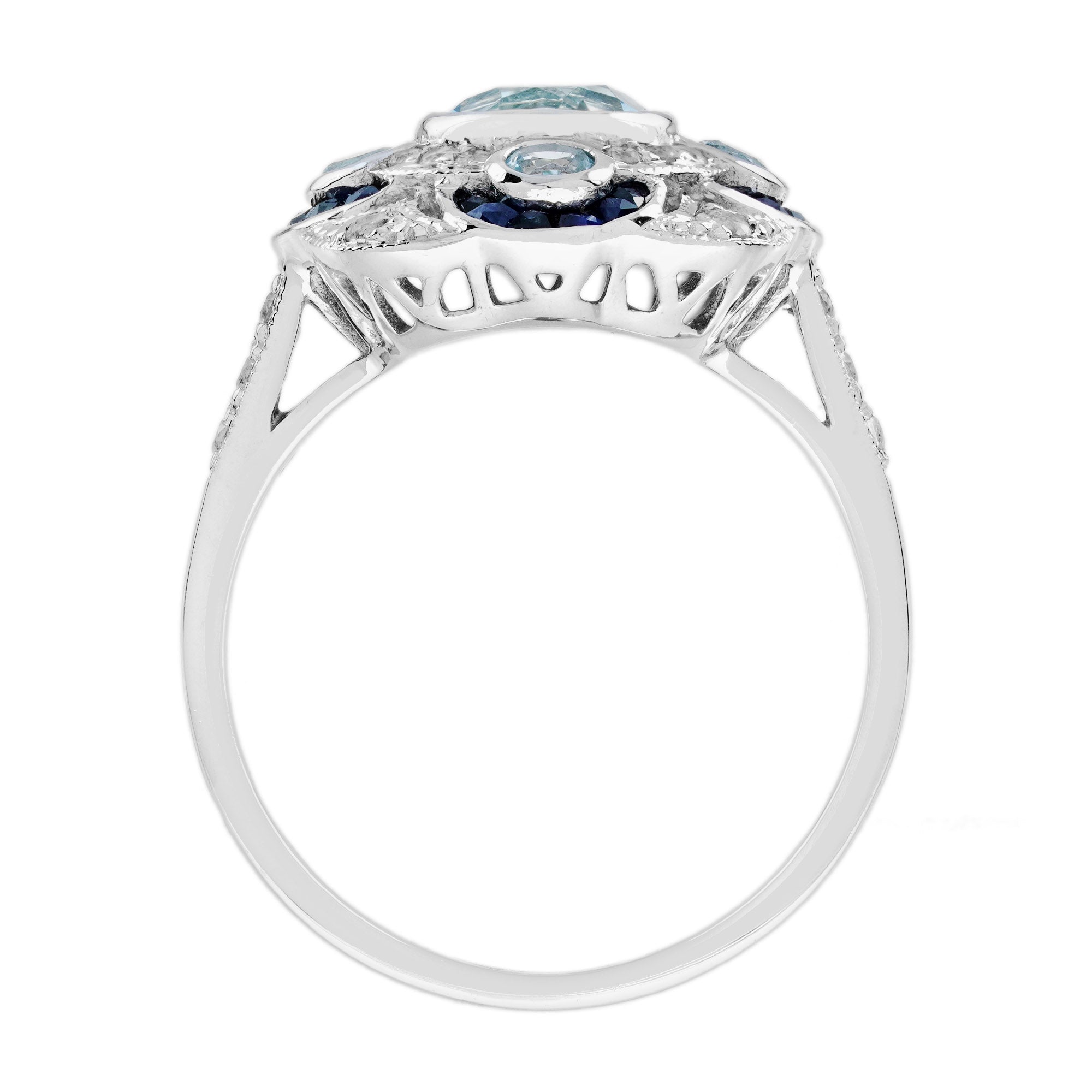 Round Blue Aquamarine &amp; Sapphire Diamond Art Deco Style White Gold Ring