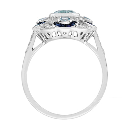 Round Blue Aquamarine & Sapphire Diamond Art Deco Style White Gold Ring